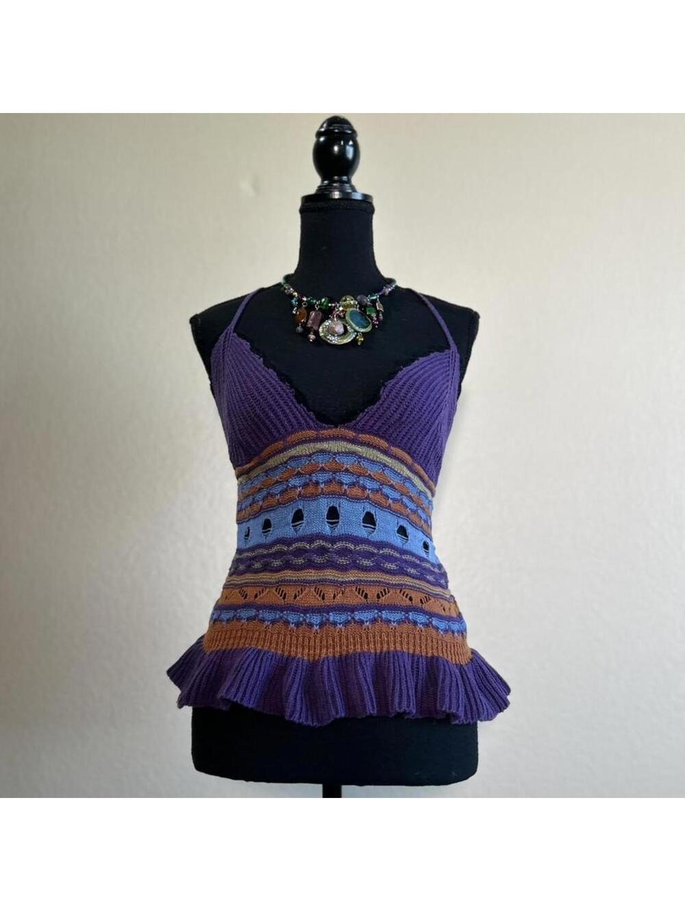 Purple Crochet Knit Boho Halter Top – Retro Hippie Summer Top